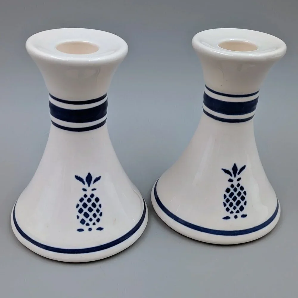 Pair of Vintage Pfaltzgraff Blue Pineapple Candlesticks in Hospitality Pattern